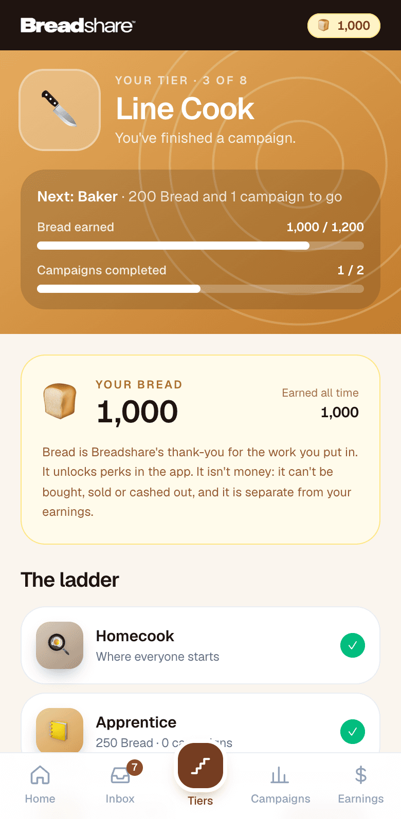 The Tiers screen in the Breadshare app